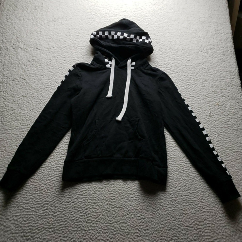 Reflex Hoodie Mens Medium Black Fleece Checkered Sleeve Kangaroo Pullover Top